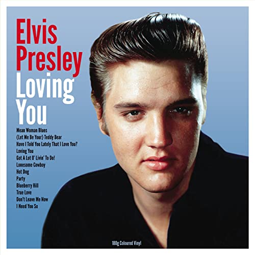 Elvis Presley "Lovin You" album cover, close-up portrait, blue background.