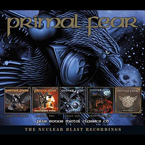 Primal Fear album cover featuring an eagle and smaller album images below.