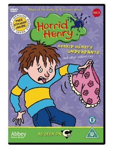 DVD cover featuring cartoon boy Horrid Henry holding pink floral underpants.