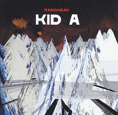 Radiohead Kid A album cover featuring jagged, snow-covered mountains against a dark, fiery sky.