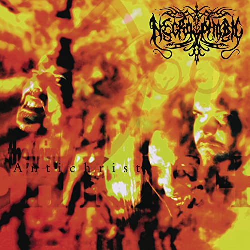 Album cover with fiery orange background, distorted faces, and band logo.
