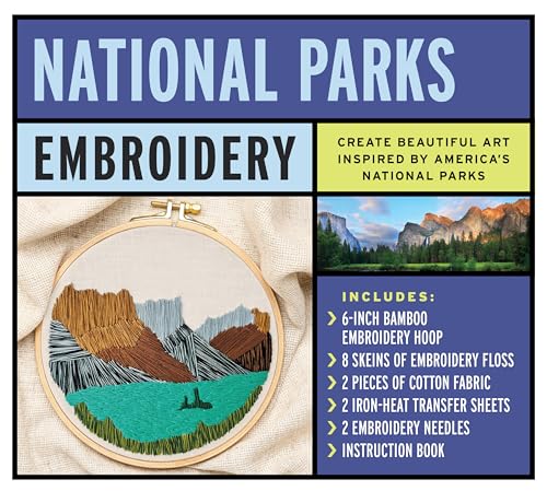 National Parks Embroidery kit : Create Beautiful Art Inspired by America's National Parks – Includes: 6-inch Bamboo Embroider Hoop, 8 Skeins of Embroidery Floss, 2 Pieces of Cotton Fabric, 2 Iron-heat