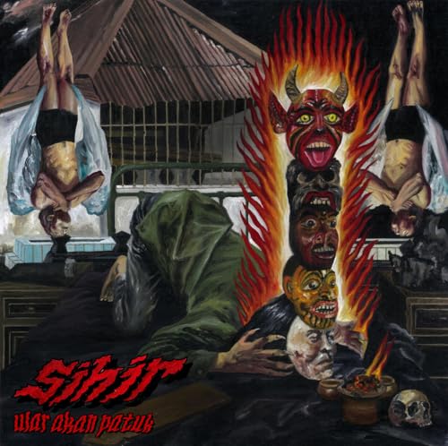 Album cover with levitating figures, demonic masks, and fiery background.