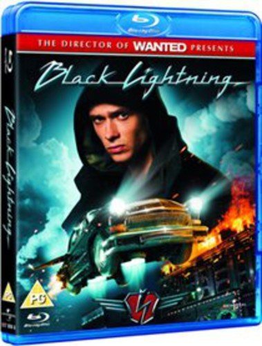 “Black Lightning” Blu-ray cover featuring a hooded man and a motorcycle.