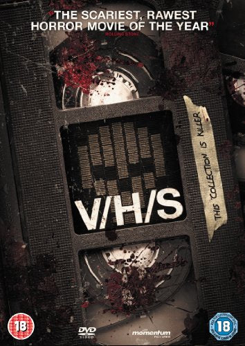 V/h/s DVD cover featuring a damaged VHS tape with blood splatter.