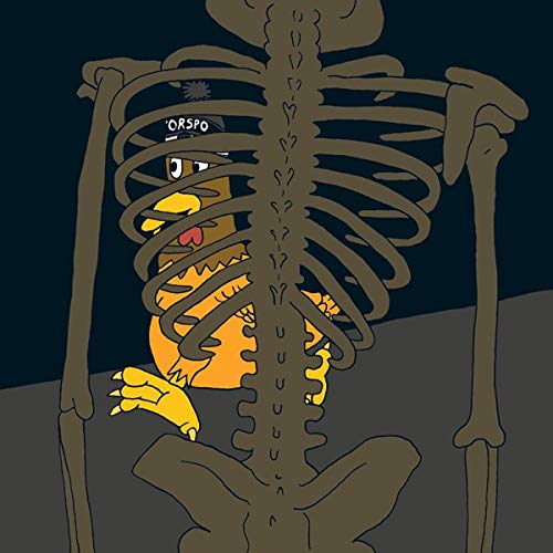 Cartoon illustration of a yellow creature inside a skeletal ribcage.