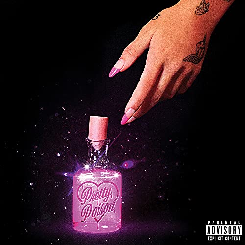 Hand holding a glowing pink bottle with "Pretty Poison" text.