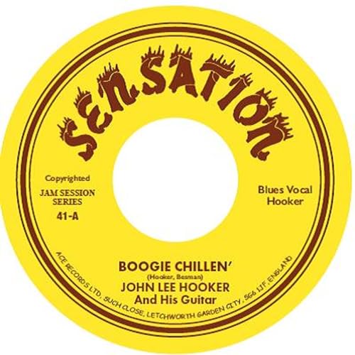Yellow 7-inch vinyl record label for John Lee Hooker’s “Boogie Chillen’”.