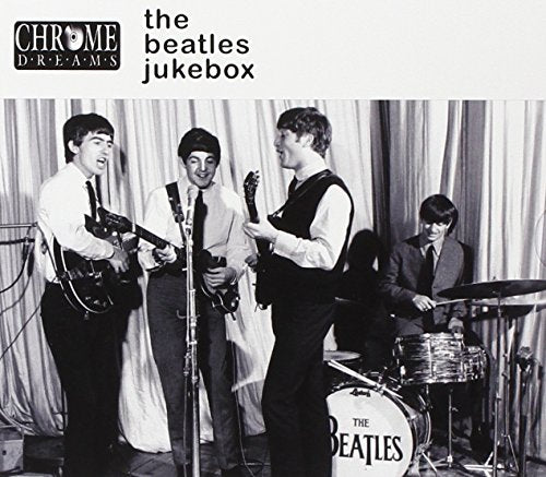 Black and white photo of The Beatles performing with instruments.