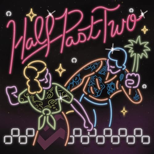 Album cover with neon-style illustrations of two figures and text.
