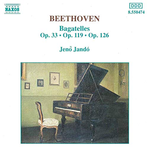 CD cover for Jeno Jan’s Beethoven Bagatelles, featuring a piano and chair.