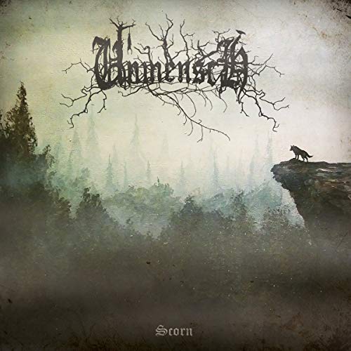 Dark, misty landscape with a wolf on a cliff and band logo.