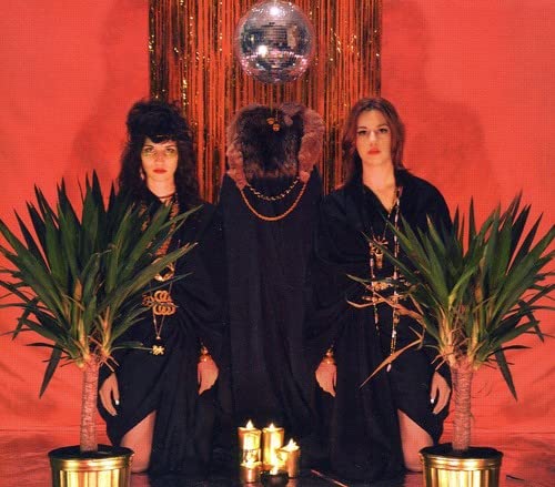 Three people in dark robes with plants and a disco ball.