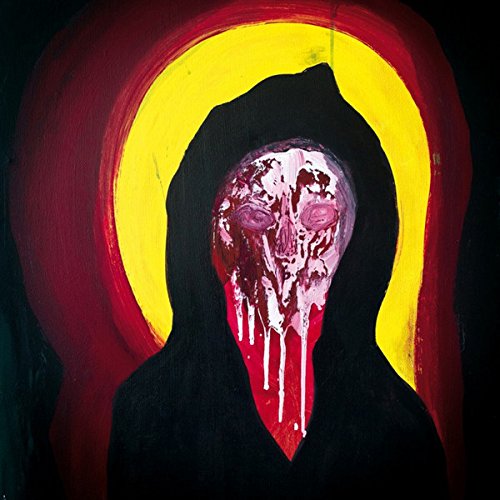 Dark, hooded figure with a distorted, dripping face against a red and yellow background.