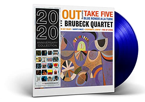 Dave Brubeck Quartet Time Out album cover with a blue vinyl record behind it.