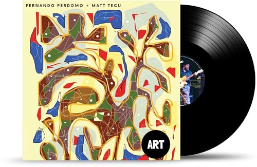 Album cover with abstract colorful shapes and a black vinyl record.