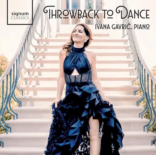 CD cover featuring pianist Ivana Gavrić in a blue gown on stairs.