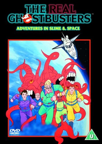 The Real Ghostbusters" DVD cover featuring characters facing a red monster.