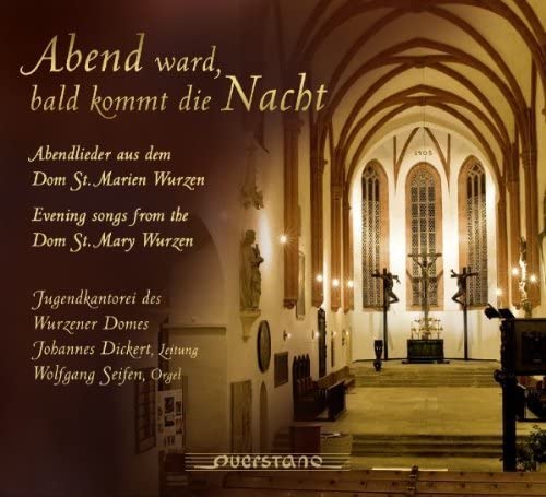 Cathedral interior with a crucifix, album cover for choral music.