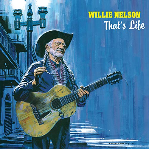 Willie Nelson with guitar, painted cover for album "That's Life".