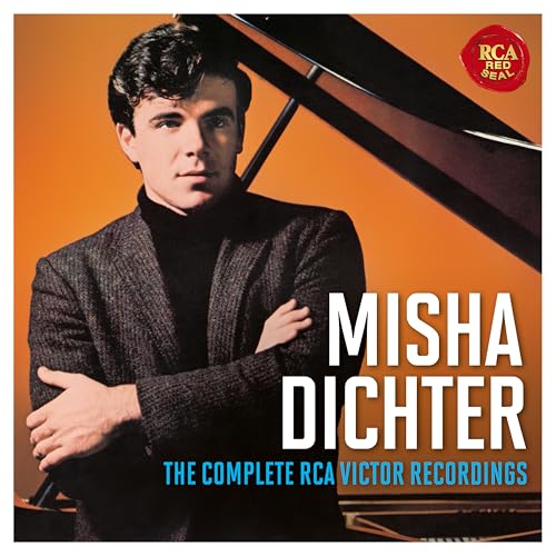 Pianist Misha Dichter in a suit, with a piano and RCA Victor logo.