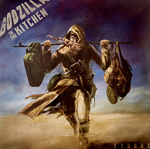 Hooded figure carrying bags on a pole, album cover art.
