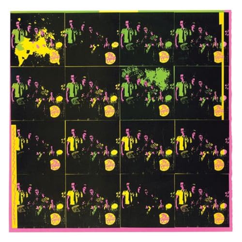 Album cover with repeating images of men in suits and yellow circles.