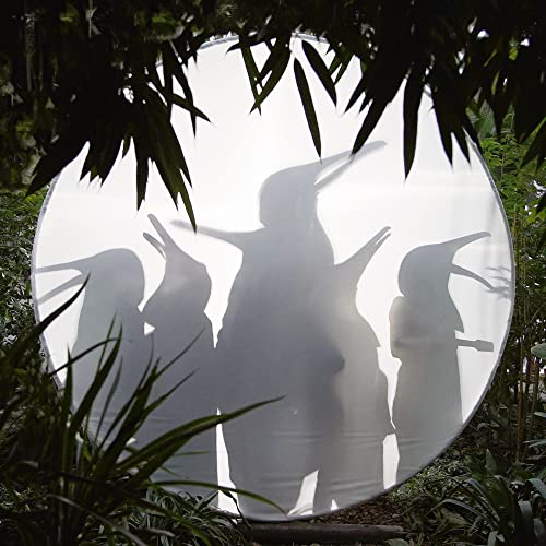 Silhouettes of people with bird-like heads against a bright, circular background.