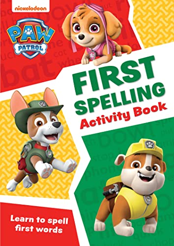 PAW Patrol spelling activity book cover with Skye, Zuma, and Marshall.