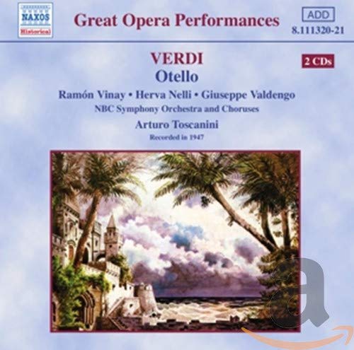 CD cover for Verdi’s *Otello* featuring palm trees and a coastal town.