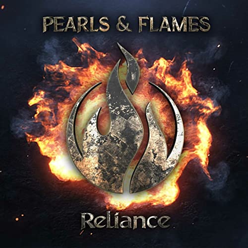 Album cover with a metallic flame symbol centered over a background of fire.
