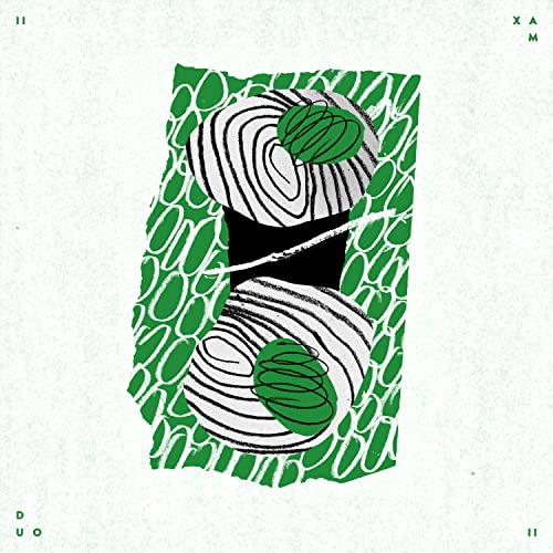 Album cover with abstract green and black circular shapes on white.