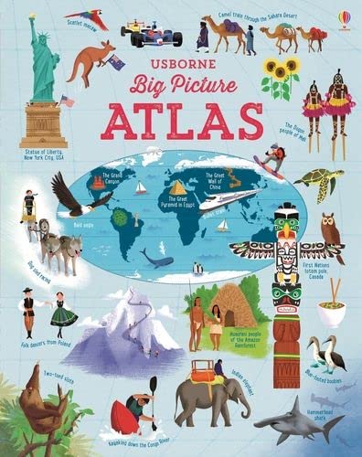 Colorful world atlas cover with illustrations of landmarks and wildlife.