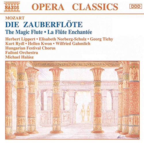 CD cover for Mozart's Die Zauberflöte with text and an illustration of Egyptian columns.