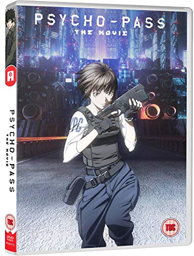 Psycho-Pass movie DVD cover featuring a woman holding a gun in a city.