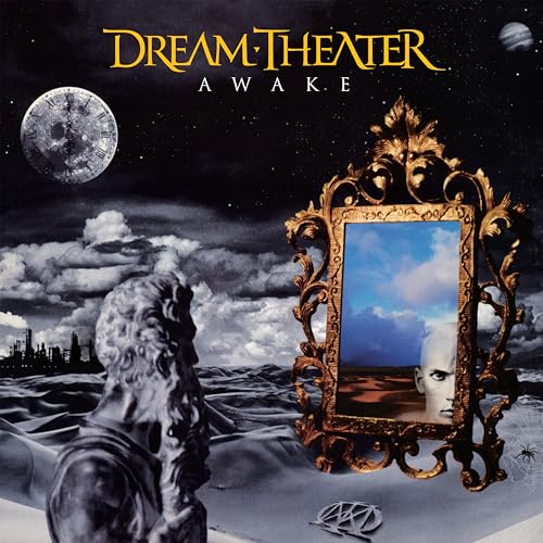 Dream Theater’s “Awake” album cover: ornate mirror, clouds, and a sculpted head.