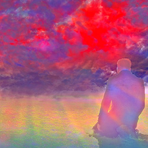 Man seen from behind looking at a surreal red and purple cloudy sky.