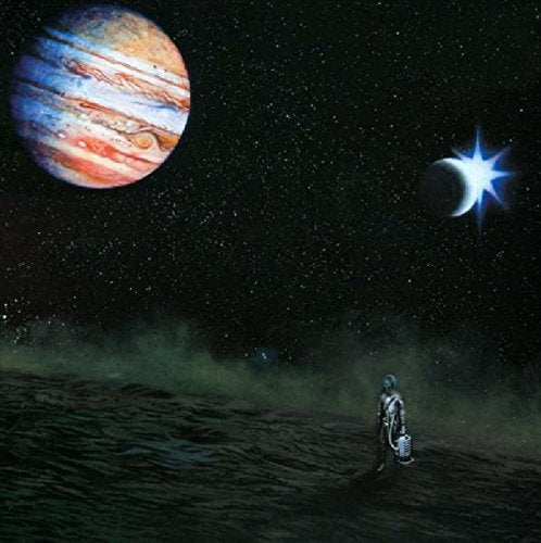Album cover: astronaut on a dark landscape, planets in starry sky.