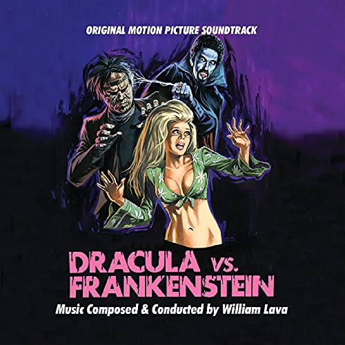 Vinyl record cover: Dracula, Frankenstein, and a woman in a dramatic scene.