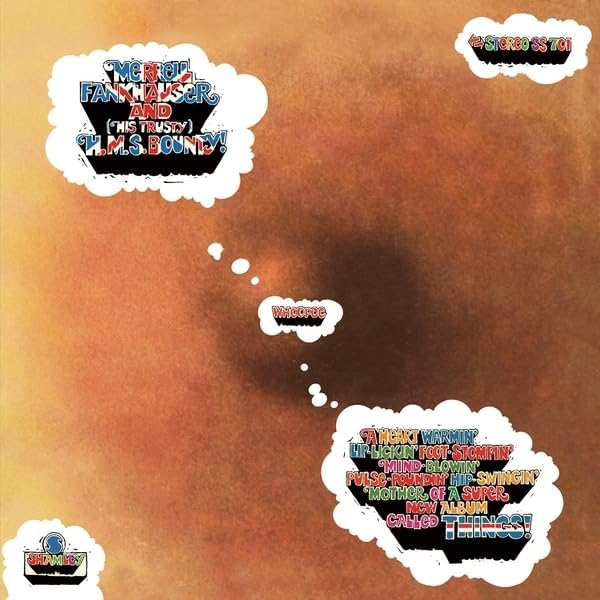 Vinyl record cover with orange texture, speech bubbles, and text.