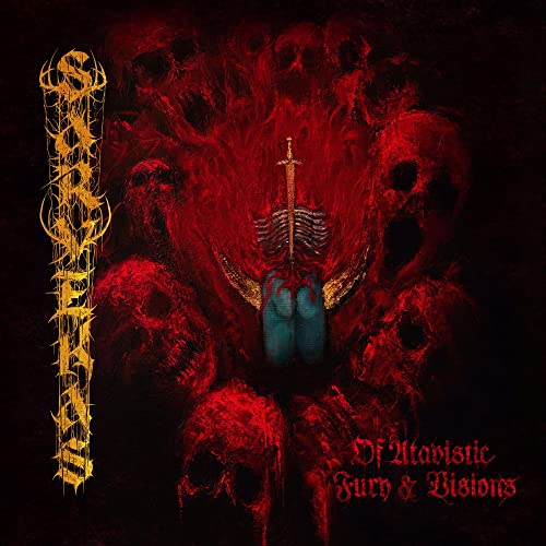 Dark album cover with skulls, red flames, and a central sword image.