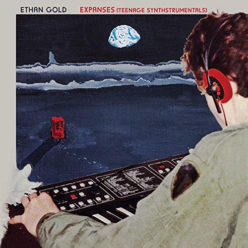 Album cover: person with synthesizer, Earth in the sky, icy landscape.