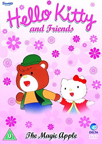 Hello Kitty and a bear cub on a pink floral DVD cover.