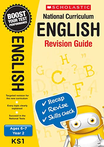 Yellow English revision guide for Year 2, with robot illustration.