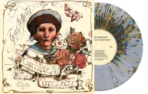 Album cover with a young boy and flowers, next to a splatter vinyl record.