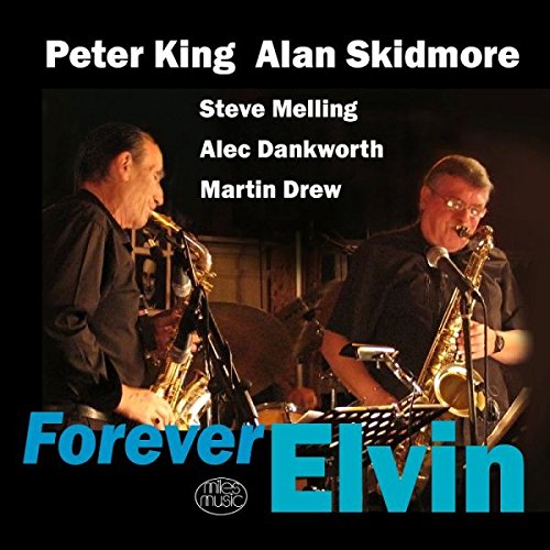 Two saxophonists performing on stage with text overlay including artist names and album title.