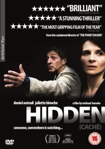 DVD cover for “Hidden” featuring two concerned actors in the foreground.