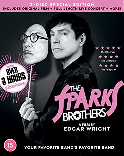 Blu-ray cover for "The Sparks Brothers" documentary, featuring band members.