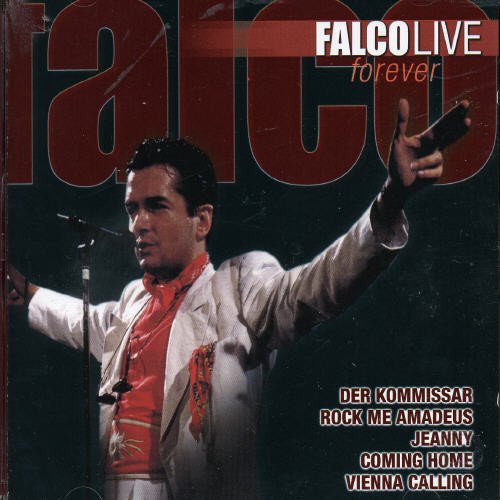 CD cover of Falco, a singer with raised arm, performing live.