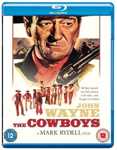 Blu-ray cover for “The Cowboys” featuring John Wayne and a group of cowboys.